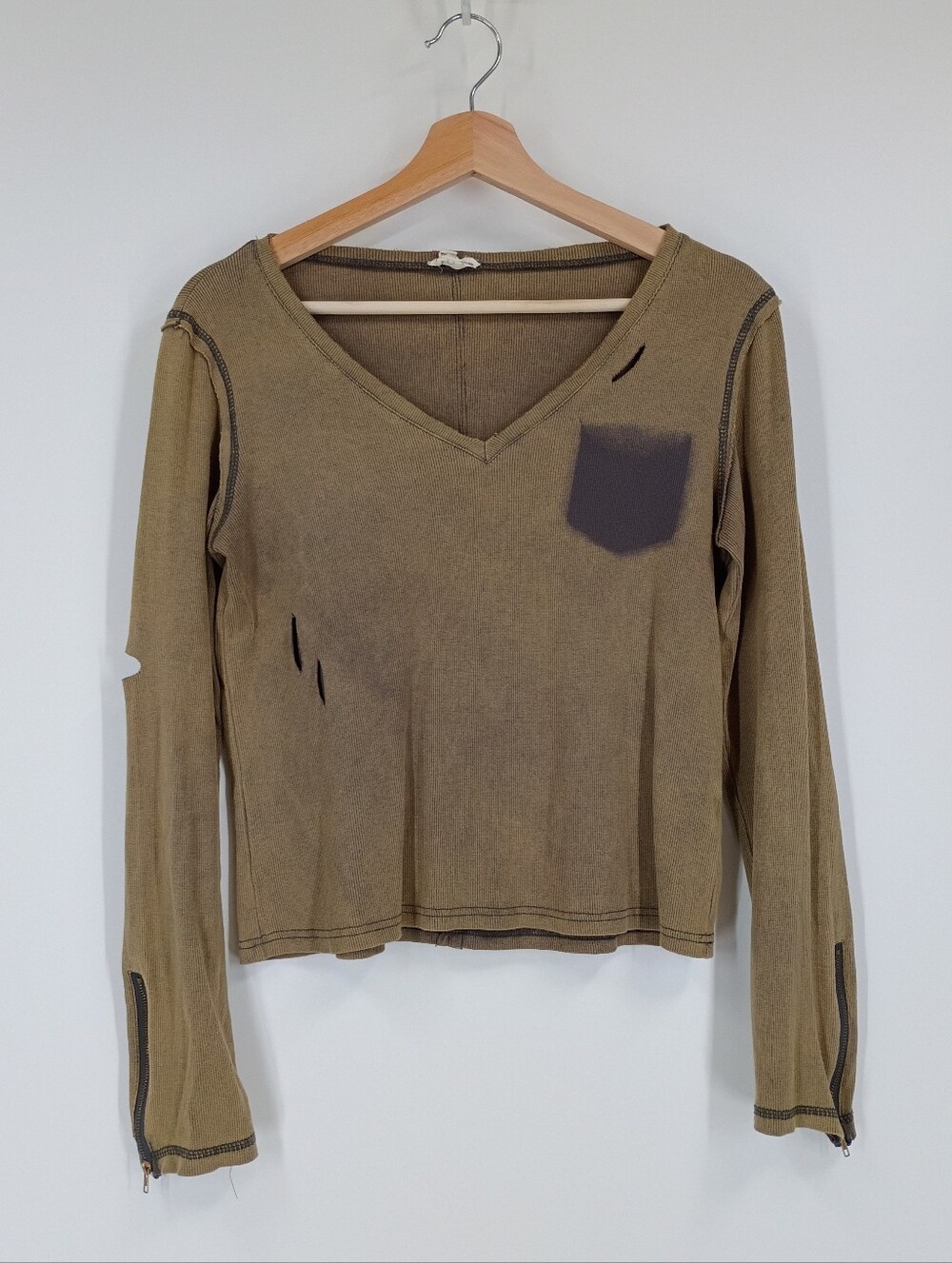 POL Distressed Ribbed Long Sleeve Top